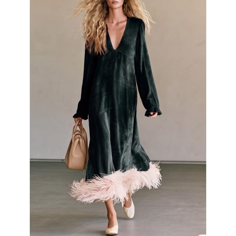 Early Retro Velvet Dress Deep V High Waist Flared Sleeve Fuzzy Hem Long Gown