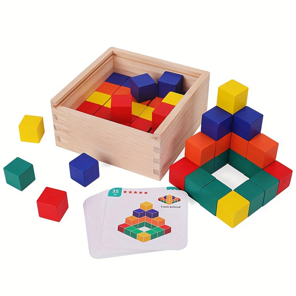 Wooden Box Square Block, Three Dimensional Thinking Puzzle Geometry, Square Three Views, Spatial Children's Math Teaching Aids