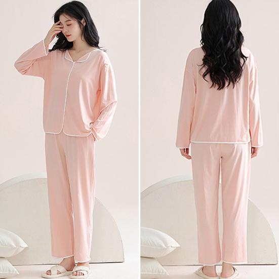2 Pcs/Set Women Pajamas Suit with Chest Pads Long Sleeves Loose Solid