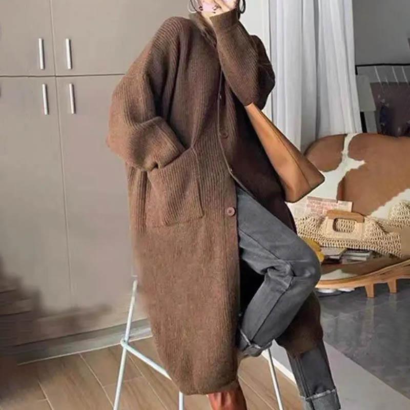 Свитера Пальто Кардиган для Женщин Осень Зима Большой Размер Винтажный Свободный Высокая Горловина Длинный Рукав Вязаный Длинный Свитер Куртка