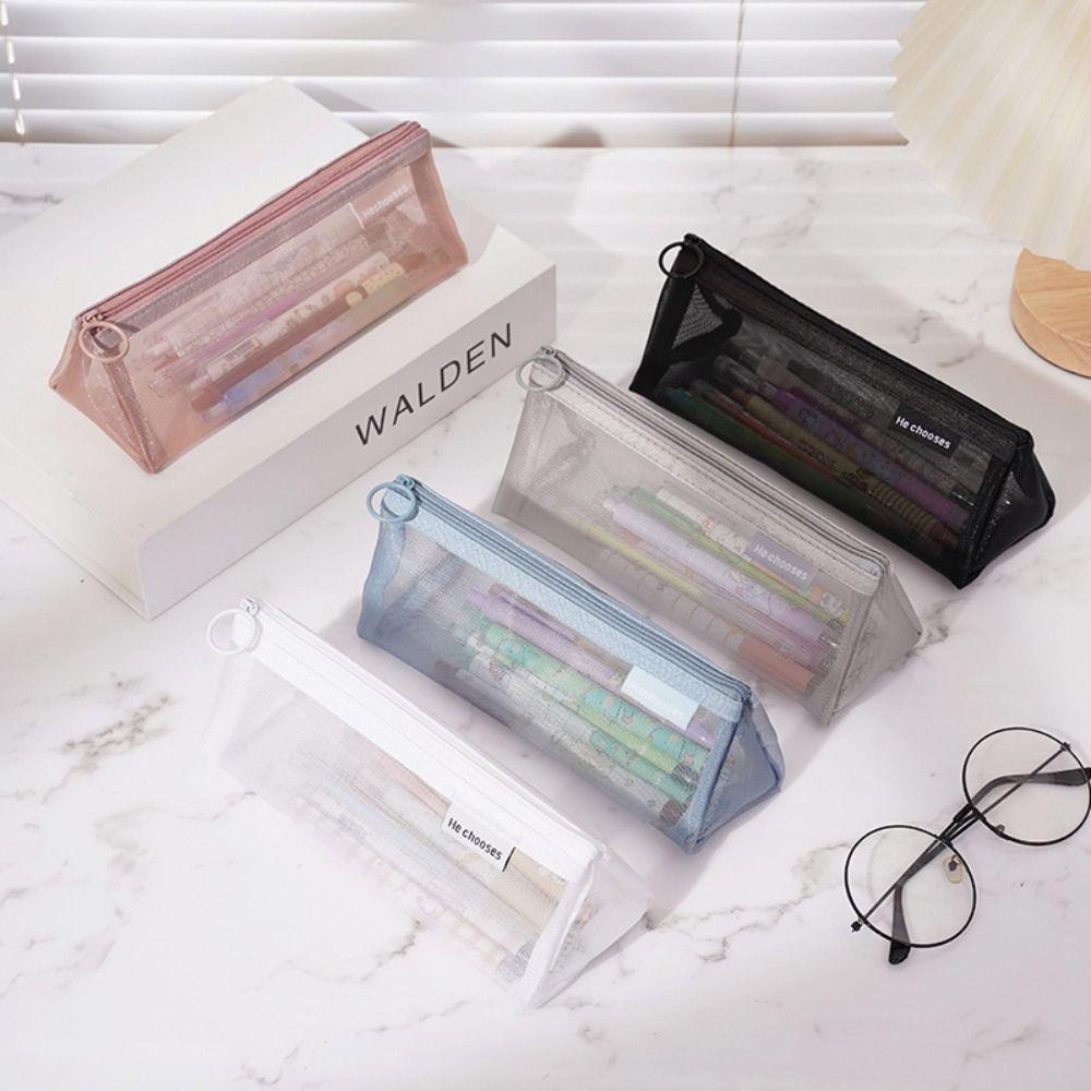 Retro Color Mesh Pencil Case Nylon Zipper Stationery Bag Simple Transparent Bills Bag Pencil Bag