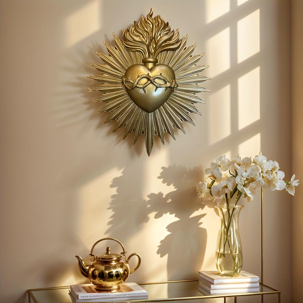 Gothic Sacred Heart Firework Statue Wall Decor, Resin Plaque: Exquisite Embossed Design—Perfect for Decoration,Enhances Ambiance