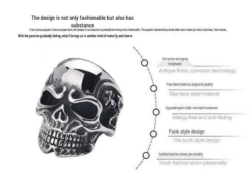 Stainless Steel Skull Men's Punk Ring - European & American Hand-Polished Jewelry