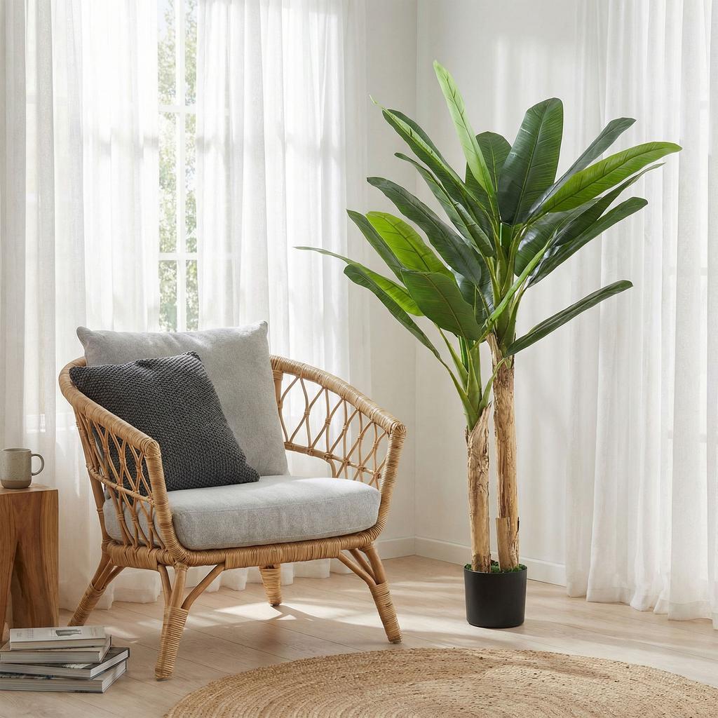 Artificial Banana Tree 150 cm Decorative Artificial Plant with Pot and 2 Trunks for Home Office Living Room Green