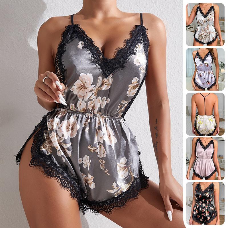 Сексуальный соблазн подтяжки майка шорты пижама цельный Ice Silk пижама V-образный вырез домашняя одежда