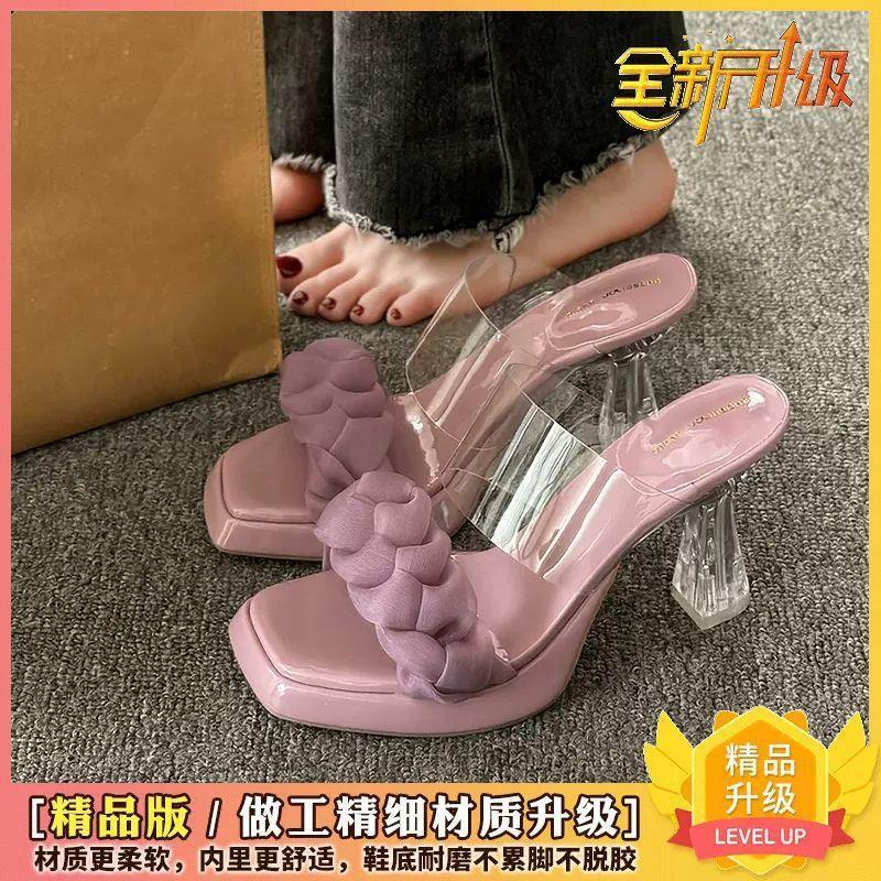 Босоножки на высоком каблуке девочка 2025 новый летний наряд фея ветер прозрачный кристалл и водонепроницаемая платформа толстый каблук прохладные тапочки