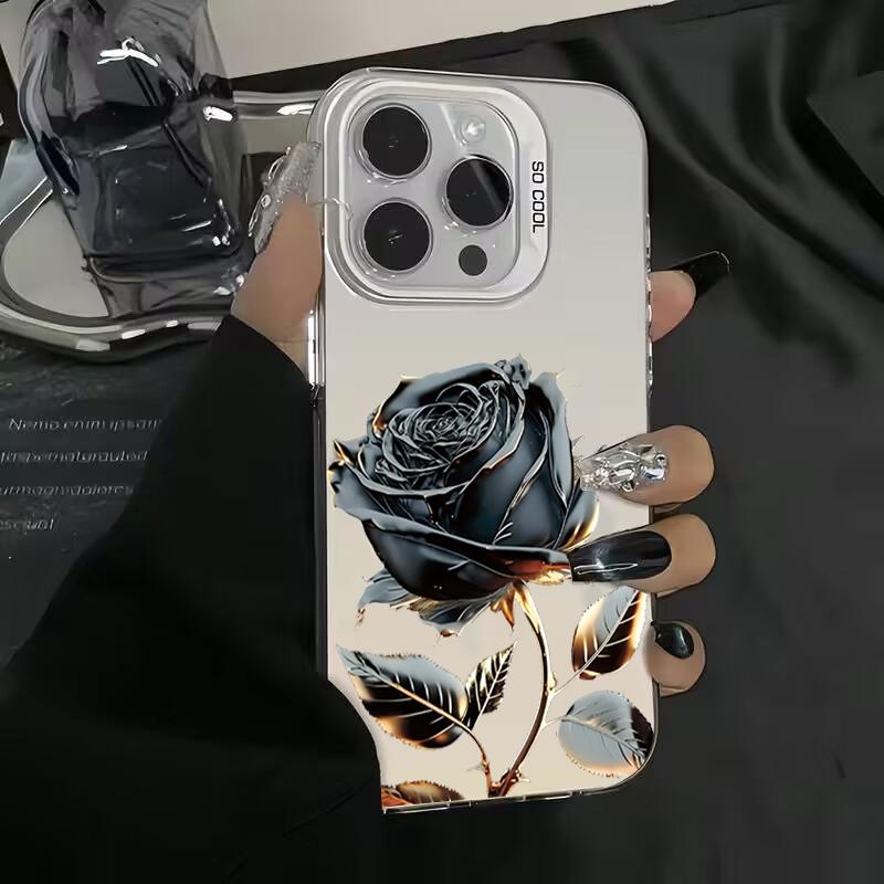 Премиальный черно-золотой чехол с рисунком розы для iPhone 17 16 15 14 13 12 11 Серии Pro Max Plus Двухслойная защита