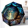 Wolf Window Art: Magical Night Wildlife Decor" Umbrella - Cute Umbrella with Cute Design, Portable 3-Fold Compact Umbrella for