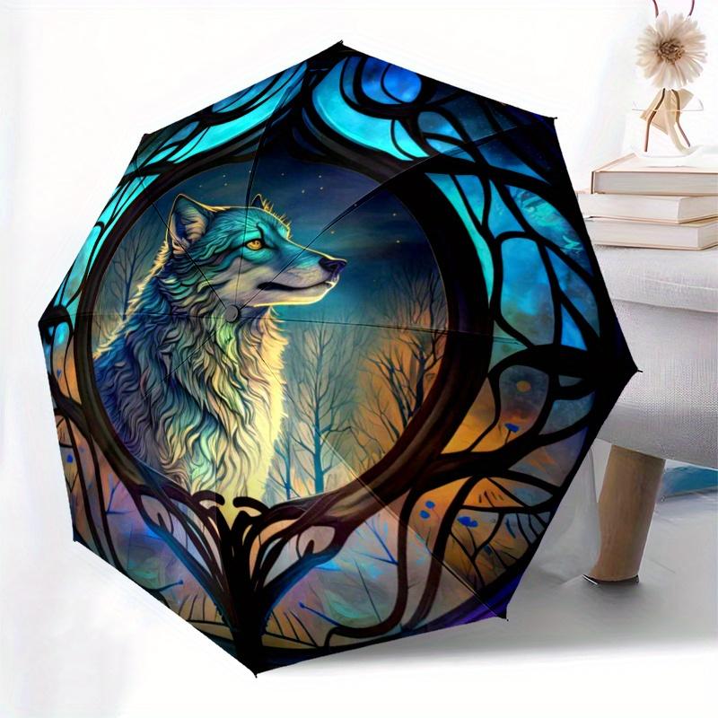Wolf Window Art: Magical Night Wildlife Decor" Umbrella - Cute Umbrella with Cute Design, Portable 3-Fold Compact Umbrella for