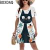 Летняя Мода 3D Забавный Принт Кошки Платье Женское Повседневное Платье А-силуэта Короткий Рукав Круглый Вырез Мини-платье