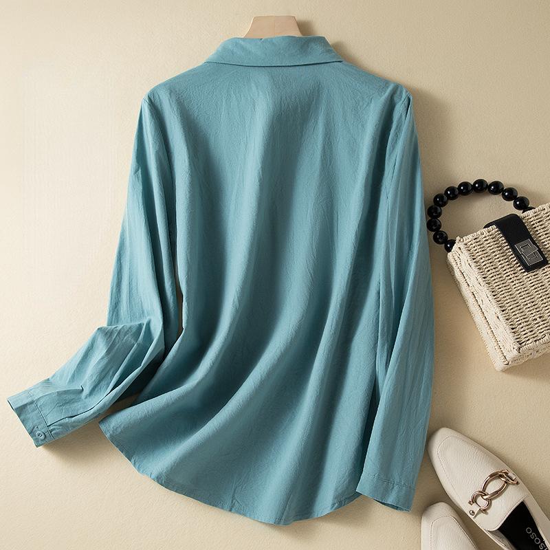 Хлопково-льняная блузка с вышивкой, однотонная весенне-осенняя рубашка на пуговицах, повседневный свободный топ с длинными рукавами с лацканами для женщин