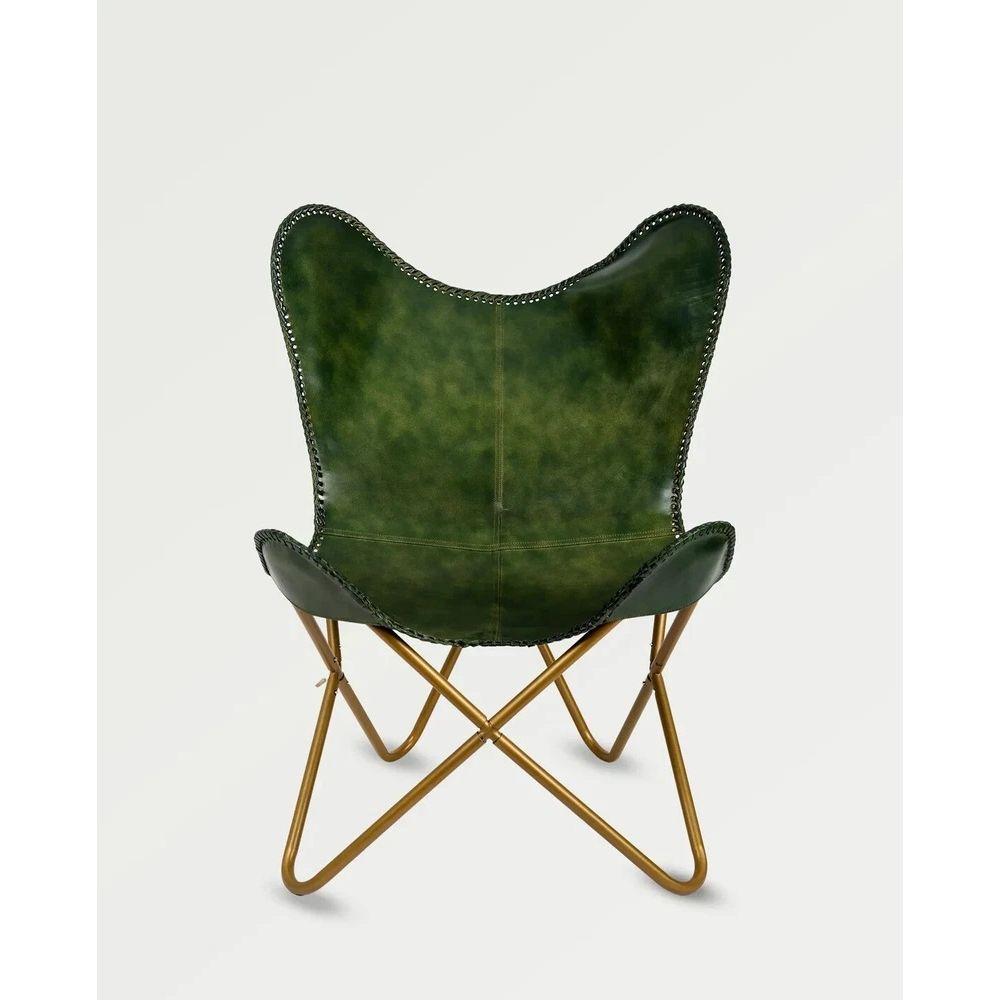Зеленое кожаное кресло-бабочка Кожаный акцент гостиная Ручная работа Складное