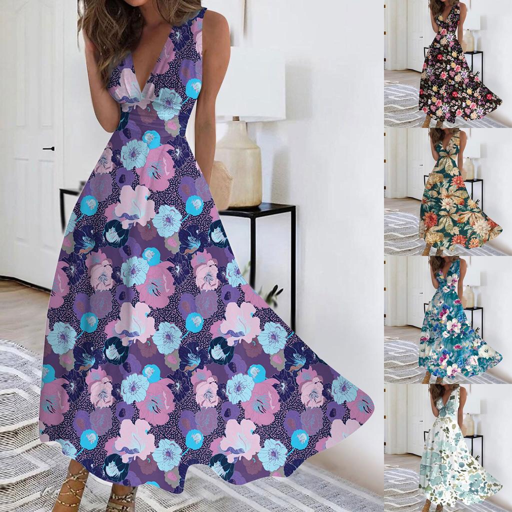Women's Long Dress Maxi Dress Casual Dress Summer Casual Sleeveless V Neck Boho Waist Retraction Printed Dress