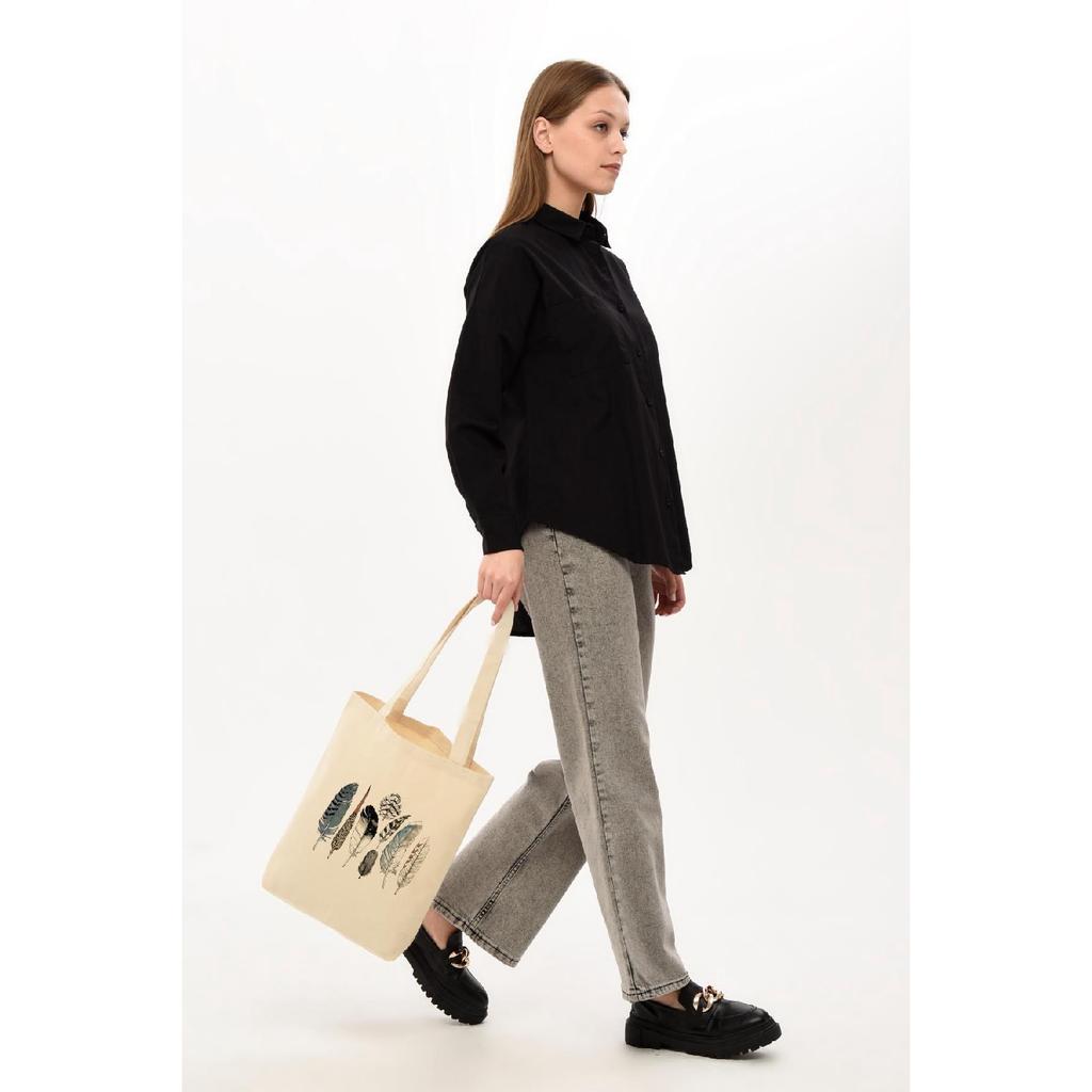 Холщовая тканевая сумка с принтом птичьих перьев