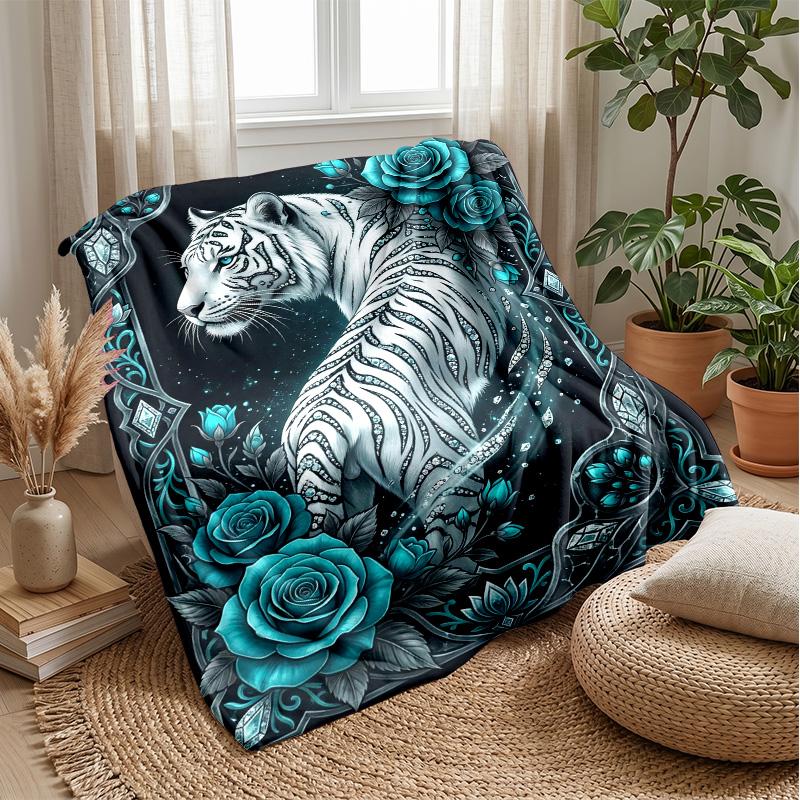 Elegant Tiger with Roses Theme blanket Lightweight Warm Flannel Blanket Decorative Throw Blanket for Home Decoration
