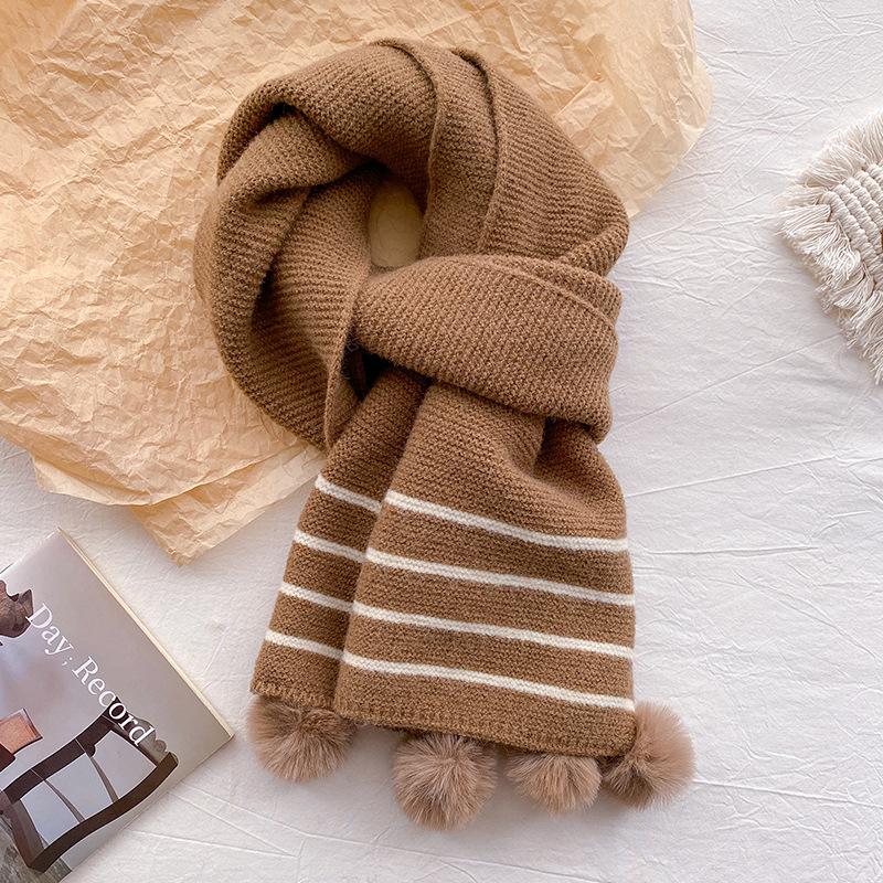 Striped Knitted Wool Scarf Women's Winter Red Hairball Scarf Warm Cute Girl Birthday Gift