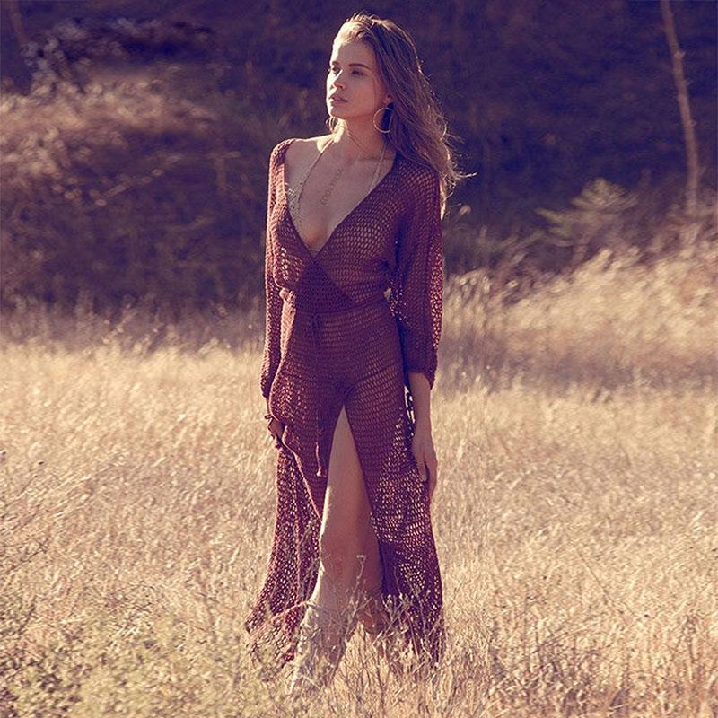 Сексуальное прозрачное сетчатое бикини с длинными рукавами, белая туника, женская пляжная одежда, купальный костюм, летнее пляжное платье D12