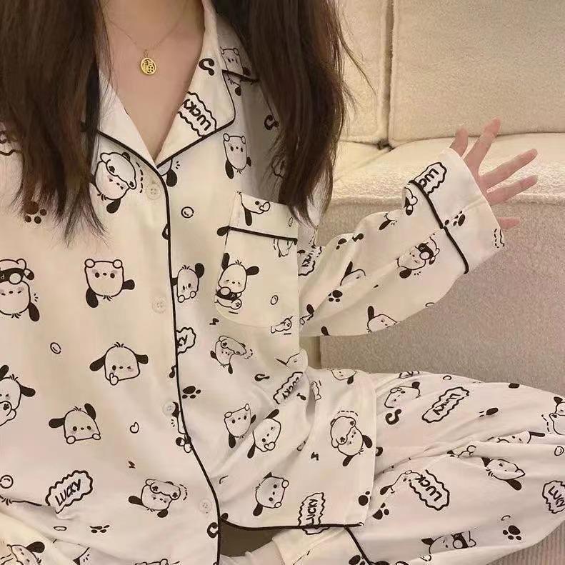 Роскошная женская пижама из искусственного шелка — длинный рукав, свободный крой, легкий весенне-летний кардиган из ледяного шелка с отворотом.