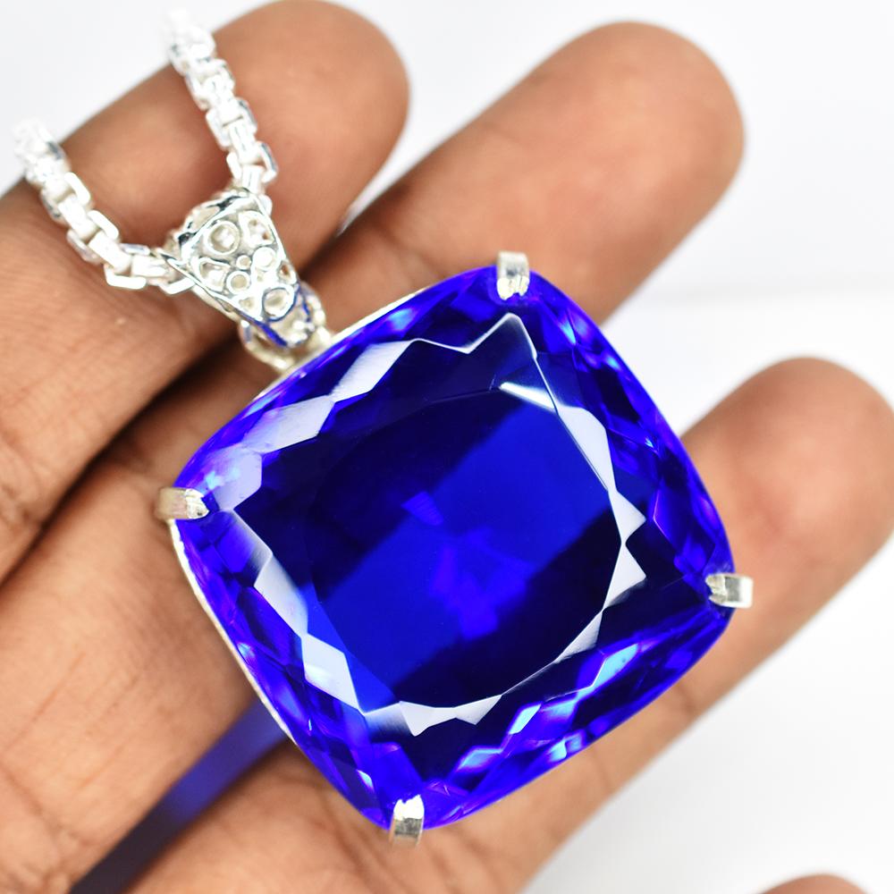 Natural Blue Topaz Pendant 120 ct 925 Sterling Silver Square Cut Gemstone Jewelry Gift
