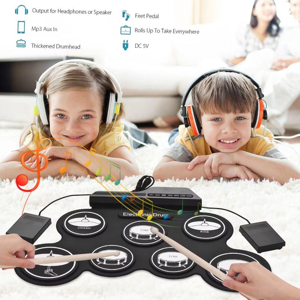 1 Box USB Portable Electronic Drum 7-Pads Folding Music Drums for Beginner Boys Girls
