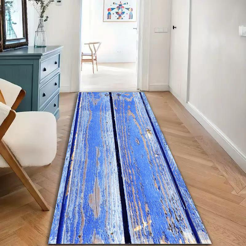 Distressed Blue Wood Plank Runner Rug, Weathered Peeling Paint Long Hallway Mat Non Slip Washable Entryway Floor Carpet