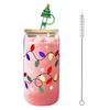Color Changing Christmas Glass Cup with Lid Straw Brush Reusable Glass Iced Coffee Cup