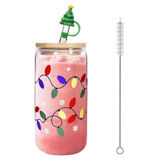 Color Changing Christmas Glass Cup with Lid Straw Brush Reusable Glass Iced Coffee Cup