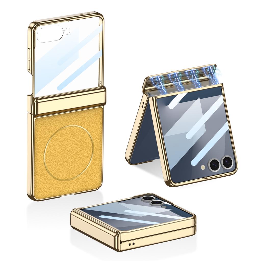 Магнитный чехол-зарядка для Samsung Galaxy Z Flip 7 с покрытием PU-кожей и стеклянной защитой экрана
