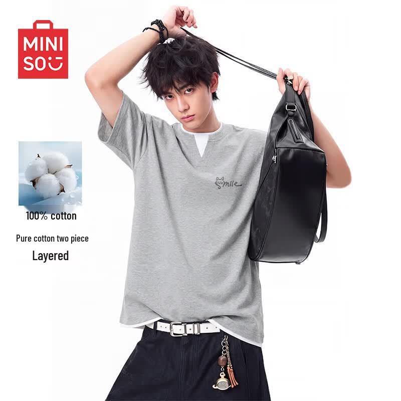 MINISO Men's Faux Two-Piece Cotton Short Sleeve T-Shirt