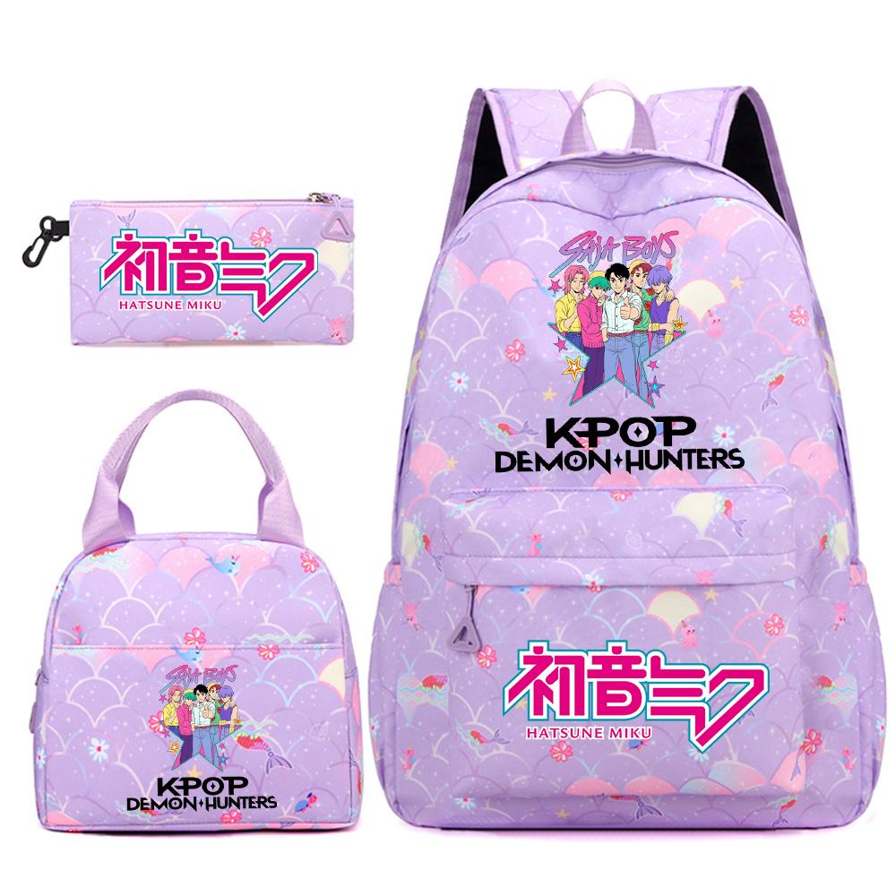 3Pcs/set Anime Cartoon Demon Hunters Printed Backpack Handbag Pencil Case for Teenger Student Girl Boy Large Capacity Waterproof Bookbag