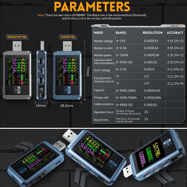 FNIRSI FNB48P USB Детектор Зарядного Устройства Питания для Мобильных Телефонов, Цветной: Bluetooth Синий
