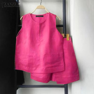 Женские летние комплекты с круглым вырезом без рукавов и карманами и шортами