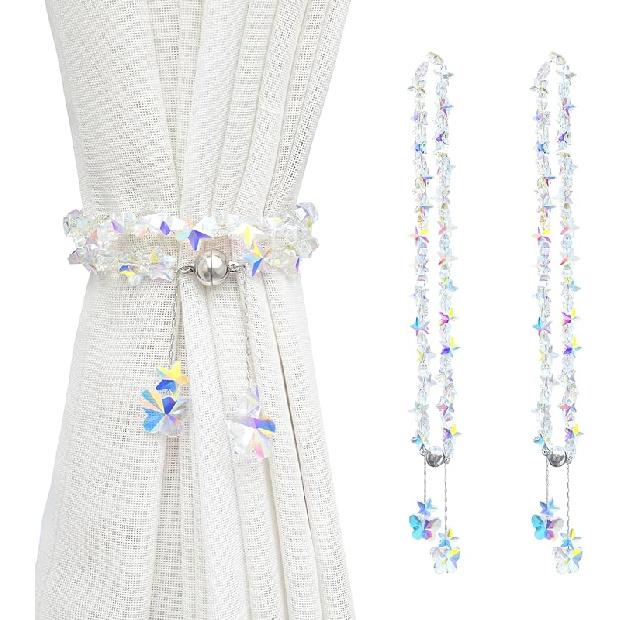 Magnetic Curtain Tiebacks,Crystal Beads Rope Drapery Holdbacks Holder for Small,Thin or Sheer Window Draperies,15 Inch Long,2 Pack (Flower)