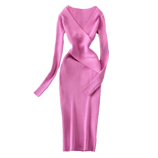 Женское осенне-весеннее платье трикотажное облегающее эластичное полосатое платье с V-образным вырезом в винтажном сплошном цвете с узкой талией противоусадочное платье-футляр миди с длинным рукавом вечерние