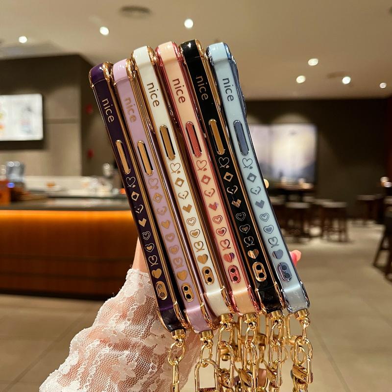 Для iPhone 17 16 Pro 15 14 Pro Max 13 Samsung S25 S24 Ultra S23 FE S22 S21 Чехол с гальваническим покрытием в виде сердца любви Для Magsafe Магнитный чехол для телефона с веревкой через плечо