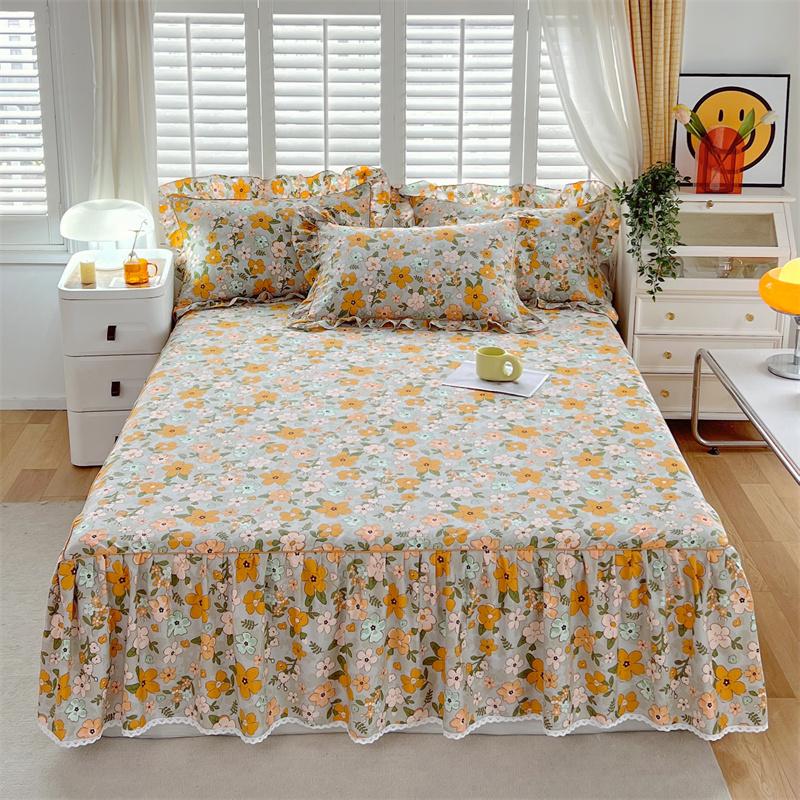 1c Pure Cotton Bed Skirt Floral Style Bed Cover Lace Mattress Protector Skin-friendly Bedspread Roupa De Cama (No Pillowcase)
