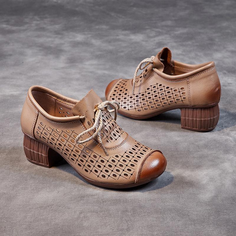 Johnature Ретро женская обувь Натуральная кожа Перфорированные Дышащие Мягкая подошва Толстый каблук Сандалии