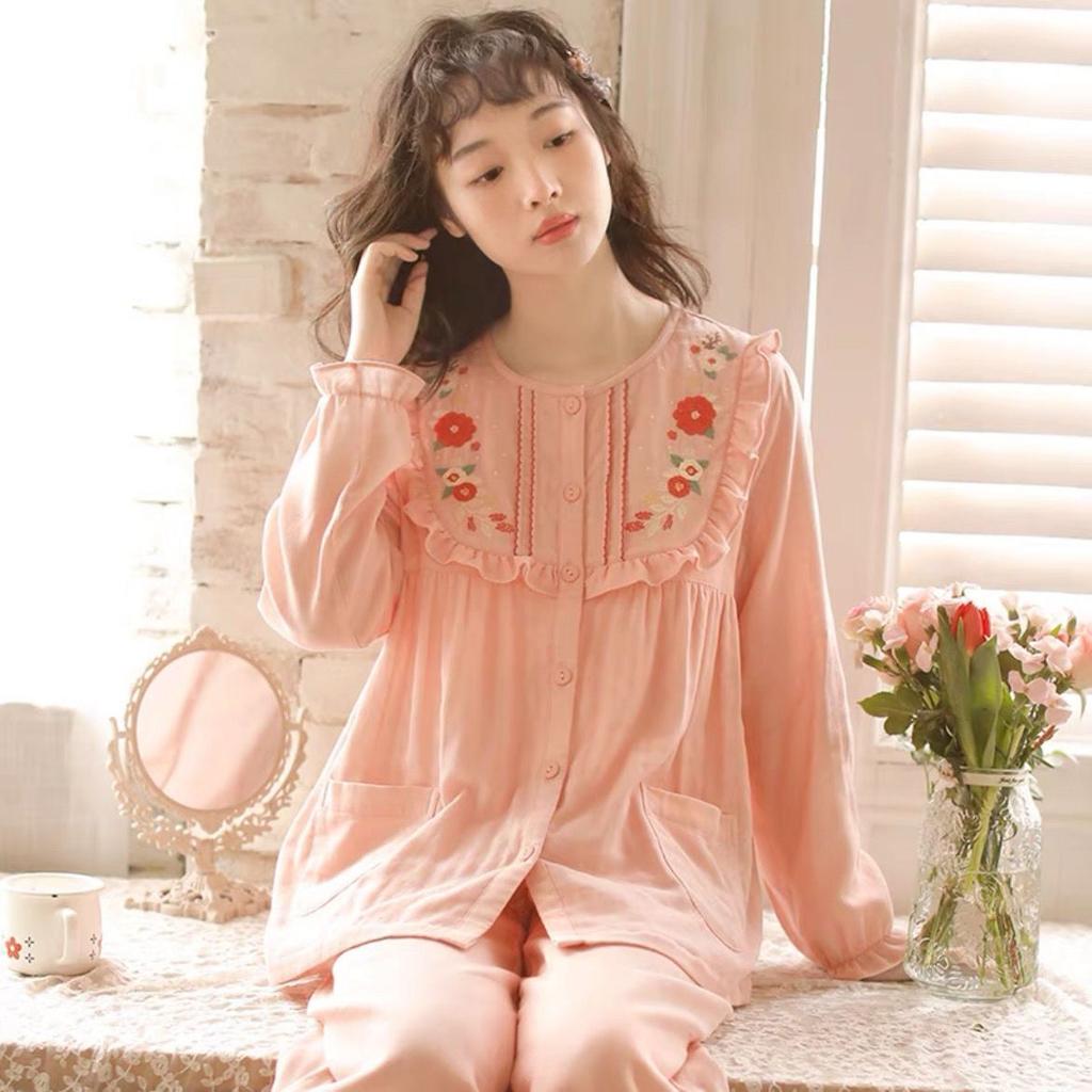 Японская милая принцесса вышитая домашняя одежда женская пижама с длинным рукавом весна осень чистый хлопковый марлевый тонкий домашний комплект