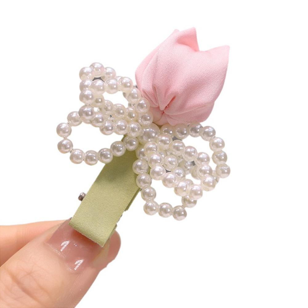 Sweet Tulip Pearl Hairpin Premium Sense Bangs Side Headdress Pearl Bowknot Hair Clip  Daily Wear