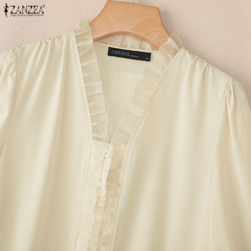 ZANZEA Женская повседневная блузка с V-образным вырезом и длинным рукавом