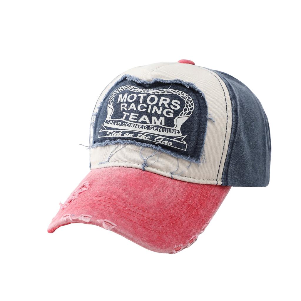 MOTO color-blocked baseball caps for women, American vintage distressed baseball caps, men's large head circumference, deepened hip-hop caps