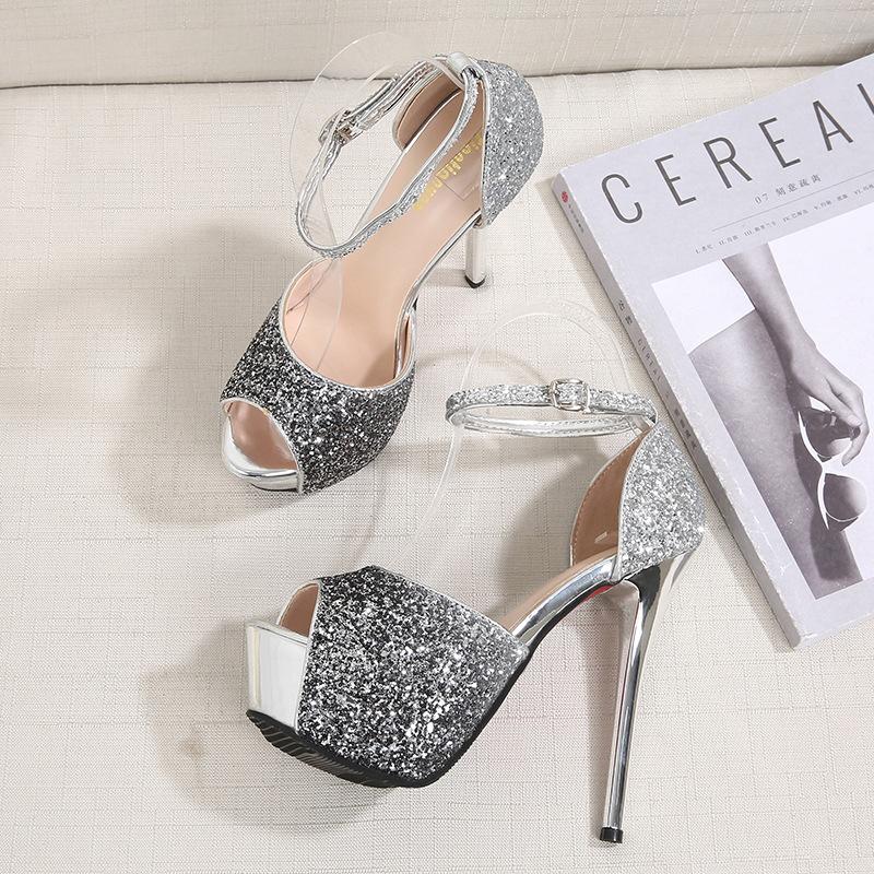Fashion Bling Bling Thin High Heels Sandals Summer Women Party Shoes Glitter Sequins Peep Toe Cover Heel Sandales Sexy Creepers Platform