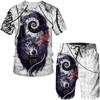Men's Summer Casual Everyday Short Sleeve and Shorts Set Cool Lion and Monogram Print T-Shirt and Drawstring Short Set Men's Set