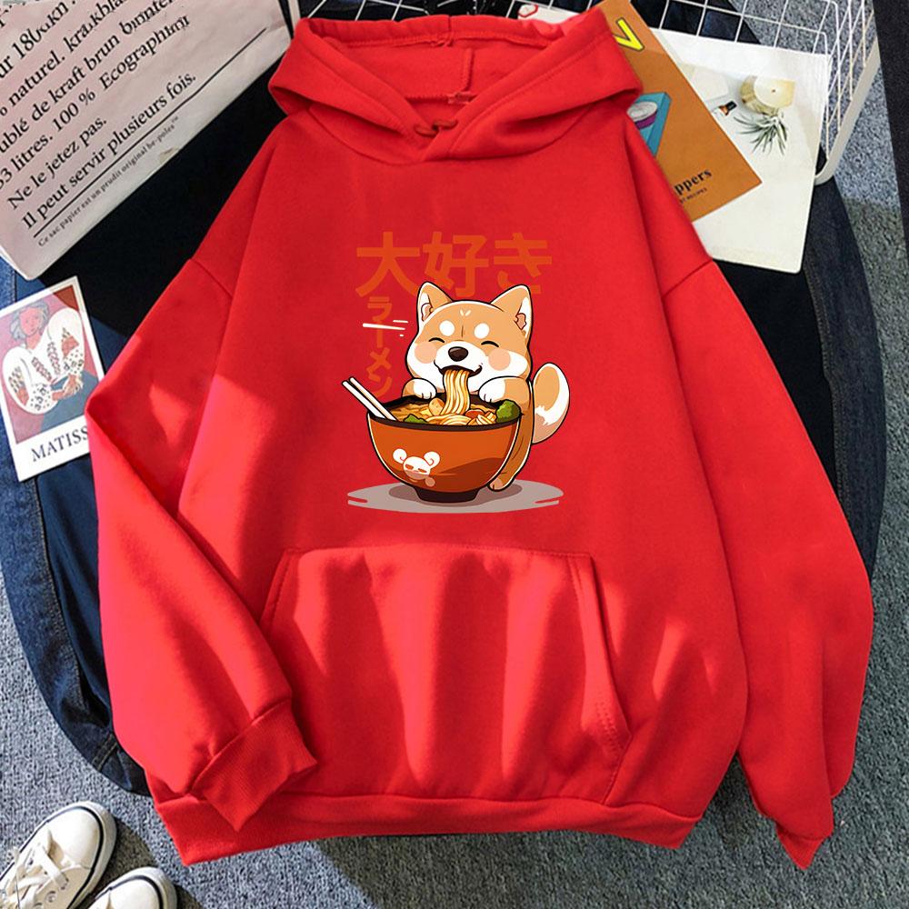 Толстовка с капюшоном Shiba Inu Slurping Ramen Noodles Cartoon Kawaii Cat Graphic Sweatshirt Cool Anime Pullover Women Men Clothing
