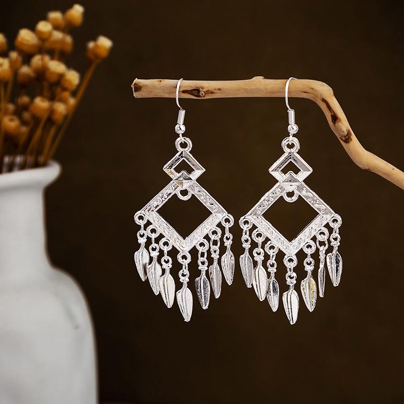 Bohemian Long Leaf Tassel Earrings - Imitation Silver, Miao Ethnic Style