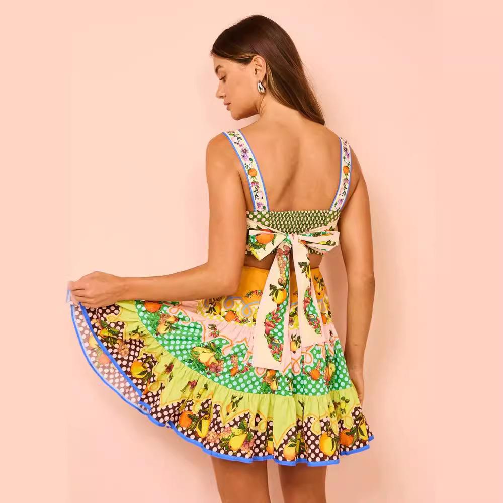 QICED Casual Fashion Print Sleeveless Patchwork Lace-up Dress