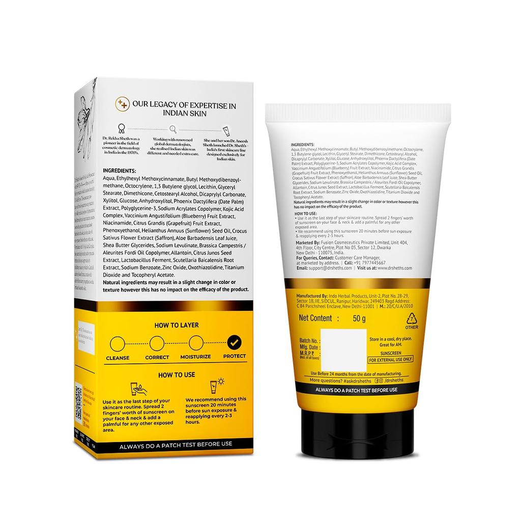 Доктор. Солнцезащитный крем Sheth's Kesar & Kojic Acid SPF 50 Pa++++ 50 г Для ежедневного увлажнения