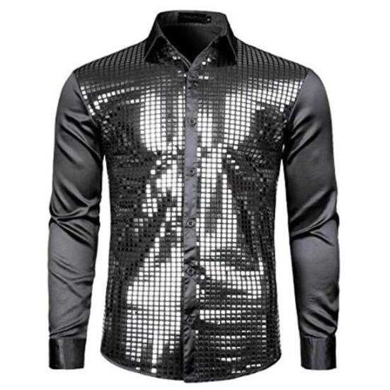Мужская рубашка Клубная танцевальная рубашка с блестящими пайетками и лацканами, однобортный облегающий цветной полосатый глянцевый мужской топ с длинными рукавами