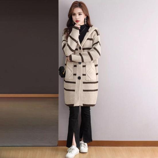 Женское вязаное пальто с капюшоном, длинным рукавом, полосатым принтом, свитер, пальто с карманами, свободный