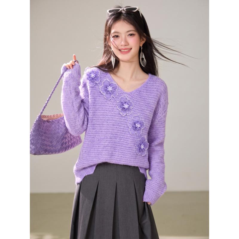 French Chic 3D Flower Knitwear: Women's Pink Sweater
